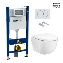 Bastidor GEBERIT Duofix pack cisterna empotrada y pulsador DELTA 01 blanco brillo con inodoro suspendido Meridian de Roca