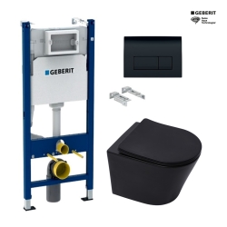 Bastidor GEBERIT Duofix pack cisterna empotrada y pulsador DELTA 50 negro con WC suspendido Rim-ex Infinitio negro mate 48cm SAT