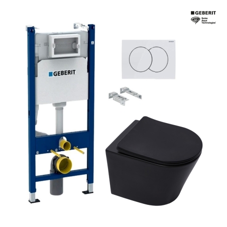 Bastidor GEBERIT Duofix pack cisterna empotrada y pulsador DELTA01 blanco con inodoro suspendido Rim-ex Infinitio negro mate SAT