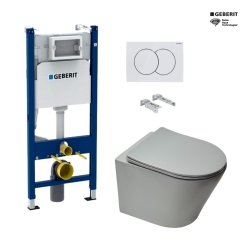Bastidor GEBERIT Duofix pack cisterna empotrada y pulsador DELTA 01 blanco con inodoro suspendido Rim-ex Infinitio gris mate SAT