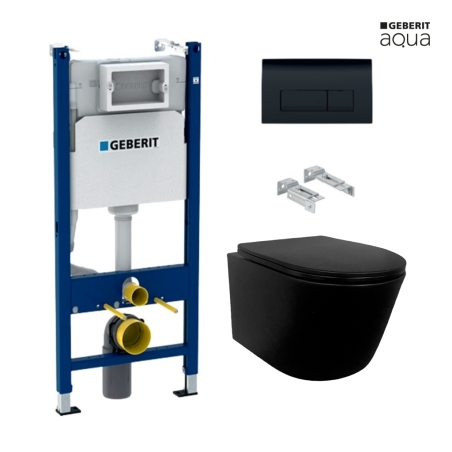 BASTIDOR GEBERIT PACK CISTERNA EMPOTRADA Y PULSADOR DELTA 50 NEGRO  BR CON INODORO SUSPENDIDO RIMLESS MIRAGE NEGRO MATE 48CM