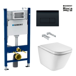 BASTIDOR GEBERIT PACK CISTERNA EMPOTRADA Y PULSADOR DELTA 50 NEGRO BR CON INODORO SUSPENDIDO ROCA THE GAP CON SISTEMA RIMLESS