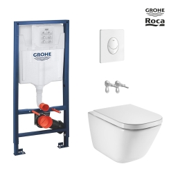 BASTIDOR GROHE PACK CISTERNA EMPOTRADA Y PULSADOR SKATE AIR BLANCO BRILLO CON INODORO SUSP ROCA THE GAP CON SISTEMA RIMLESS