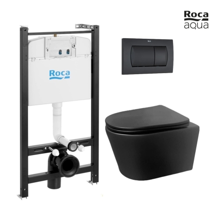 BASTIDOR ROCA ACTIVE PACK CISTERNA EMPOTRADA Y PULSADOR NEGRO MATE CON INODORO SUSPENDIDO Rimless Eclipse Neg Mat de AQUA