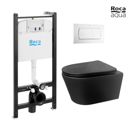 BASTIDOR ROCA ACTIVE PACK CISTERNA EMPOTRADA Y PULSADOR BLANCO BRILLO CON INODORO SUSPENDIDO Rimless Eclipse Negro Mat de AQUA