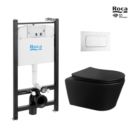 BASTIDOR ROCA ACTIVE PACK CISTERNA EMPOTRADA Y PULSADOR BLANCO BRILLO CON INODORO SUSPENDIDO Rim-ex Brevis Neg Mat de SAT