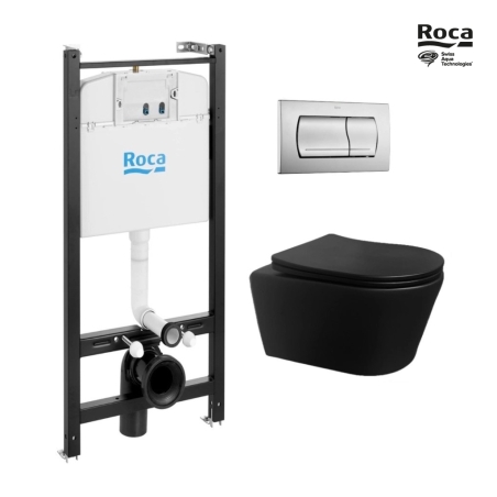 BASTIDOR ROCA ACTIVE PACK CISTERNA EMPOTRADA Y PULSADOR CROMO MATE CON INODORO SUSPENDIDO Rim-ex Brevis Neg Mat de SAT