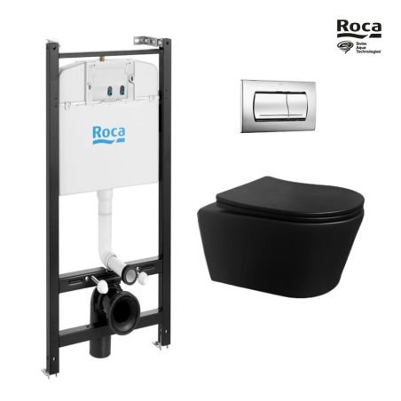 BASTIDOR ROCA ACTIVE PACK CISTERNA EMPOTRADA Y PULSADOR CROMO BRILLO CON INODORO SUSPENDIDO Rim-ex Brevis Neg Mat de SAT