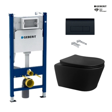 Bastidor GEBERIT Duofix pack cisterna empotrada y pulsador DELTA 50 Neg Br con inodoro suspendido Rim-ex Brevis Neg Mat de SAT