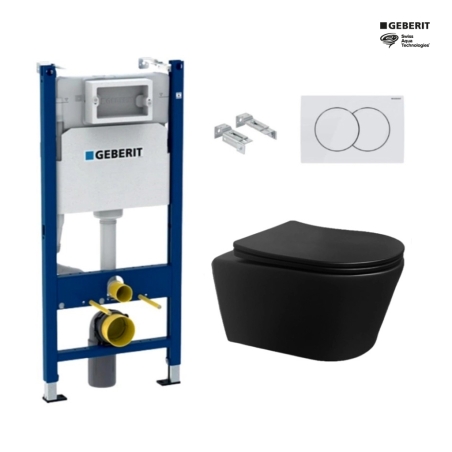 Bastidor GEBERIT Duofix pack cisterna empotrada y pulsador DELTA 01 bl br con inodoro suspendido Rim-ex Brevis Neg Mat de SAT