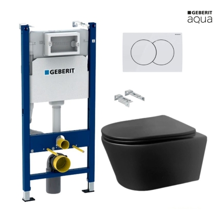 Bastidor GEBERIT Duofix pack cisterna empotrada y pulsador DELTA 01 bl br con WC suspendido AQUA ECLIPSE NEGRO MATE Rimless 48CM