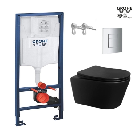 Bastidor GROHE pack cisterna empotrada y pulsador cromo brillo con inodoro suspendido Rim-ex Brevis Neg Mat de SAT