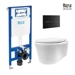 BASTIDOR ROCA DUPLO CISTERNA EMPOTRADA Y PULSADOR PL7 DUAL NEGRO MATE CON INODORO SUSPENDIDO Rimless Lia blanco br AQUA