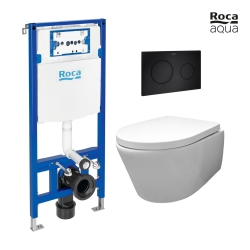 BASTIDOR ROCA DUPLO CISTERNA EMPOTRADA Y PULSADOR PL10 NEGRO MATE CON INODORO SUSPENDIDO Rimless Avangard blanco br AQUA