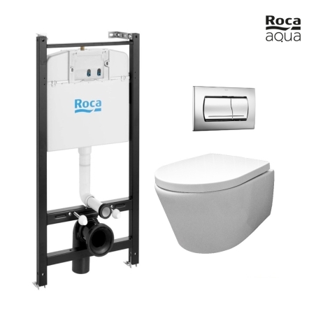 BASTIDOR ROCA ACTIVE PACK CISTERNA EMPOTRADA Y PULSADOR CROMO BRILLO CON INODORO SUSPENDIDO Rimless Avangard blanco br AQUA