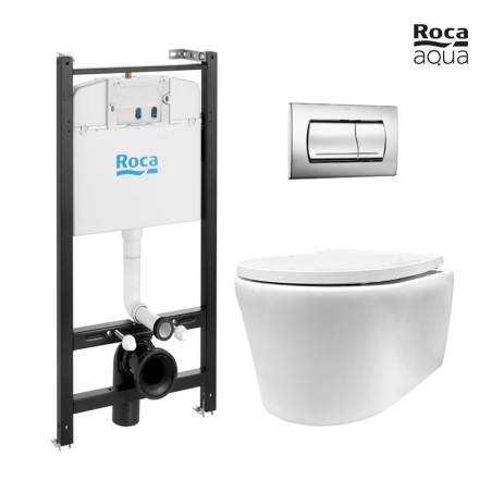 BASTIDOR ROCA ACTIVE PACK CISTERNA EMPOTRADA Y PULSADOR CROMO BRILLO CON INODORO SUSPENDIDO Rimless Lia blanco br marca AQUA