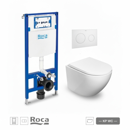 BASTIDOR ROCA DUPLO PACK CISTERNA EMPOTRADA Y PULSADOR PL10 BL MAT CON INODORO SUSPENDIDO ROUND SMART BL BR TAPA ENVOL.MARCA KP