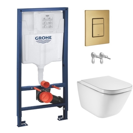 Bastidor GROHE pack cisterna y pulsador SKATE Oro Cepillado con inodoro susp ROCA THE GAP CON SISTEMA RIMLESS