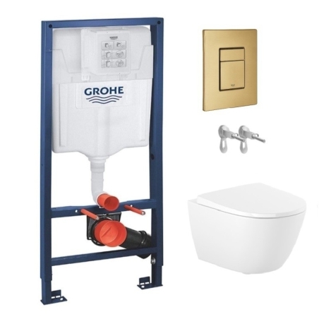 Bastidor GROHE pack cisterna y pulsador SKATE Oro Cepillado con inodoro susp ROCA ONA CON SISTEMA RIMLESS