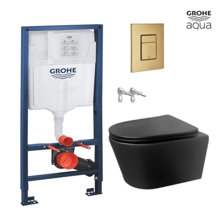 Bastidor GROHE pack cisterna empotrada y pulsador SKATE Oro Cepillado con inodoro suspendido Rimless Lia negro mate de AQUA