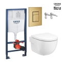 Bastidor GROHE pack cisterna empotrada y pulsador SKATE Oro Cepillado con inodoro suspendido Roca Meridian Blanco 48 cm