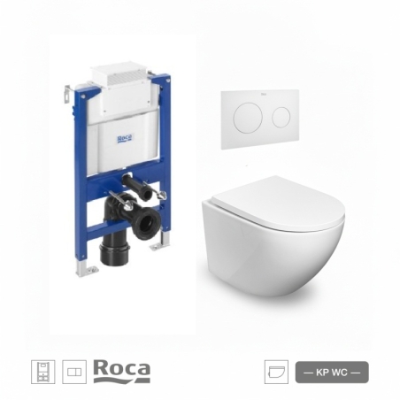 BASTIDOR ROCA DUPLO BAJO VENTANA Y PULSADOR PL10 BL MAT CON INODORO SUSPENDIDO ROUND SMART BL BR TAPA ENVOL