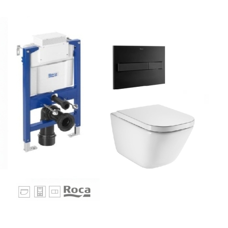 BASTIDOR ROCA DUPLO BAJO VENTANA Y PULSADOR PL7 NEGRO MATE CON INODORO SUSP ROCA THE GAP CON SISTEMA RIMLESS