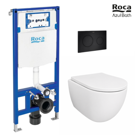 Pack WC suspendido Tornado 53 cm| Roca Duplo | pulsador Negro mate